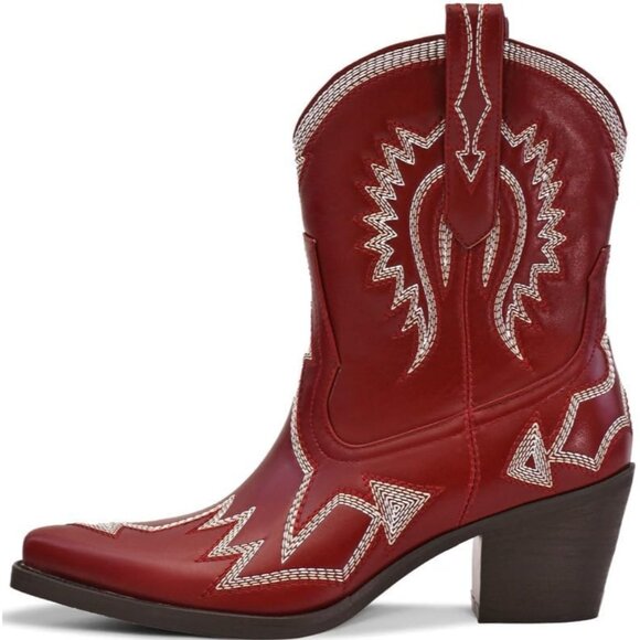 Women's Metallic Embroidered Pointed Toe Cowgirl Boots Chunky Pull-On Wine Red - Picture 2 of 6